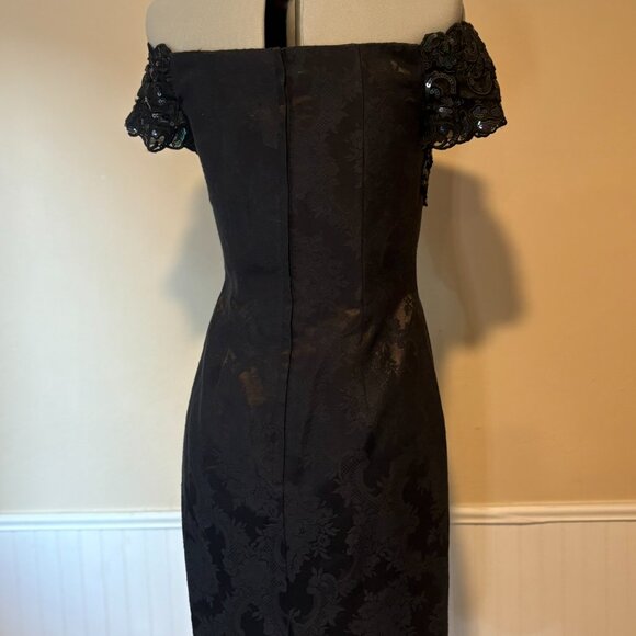 JESSICA McCLINTOCK Off-Shoulder Damask + Sequins Black Party Dress | 80s Size 4 - Picture 7 of 11